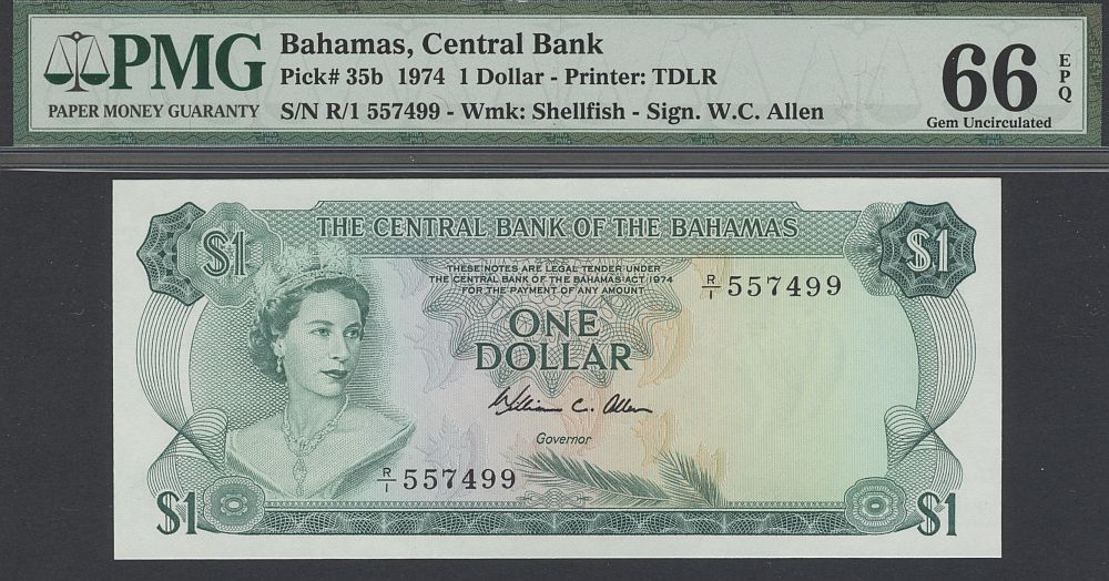 Bahamas, P-35b, 1974 $1, W.C. Allen Signature, GemCU, PMG66-EPQ, R/I 557499